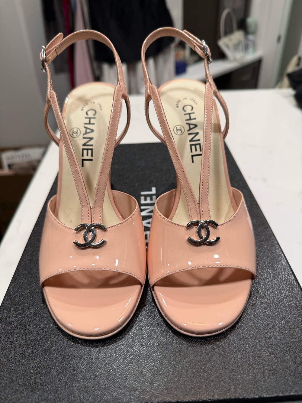CHANEL Blush Patent Leather CC Slingback Heels